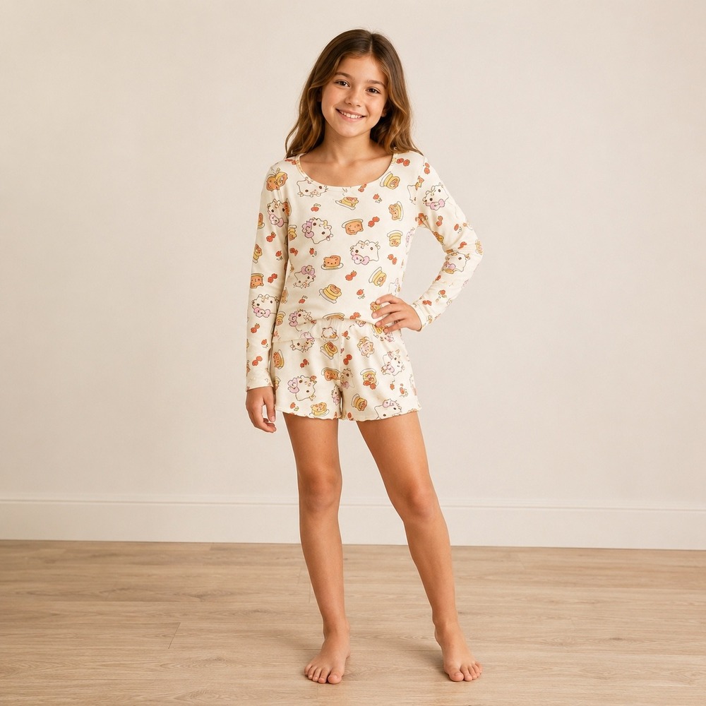 Hello Kitty Kids Pajama Set Long Sleeve Top & Shorts Cream Pancake Print L 10/12